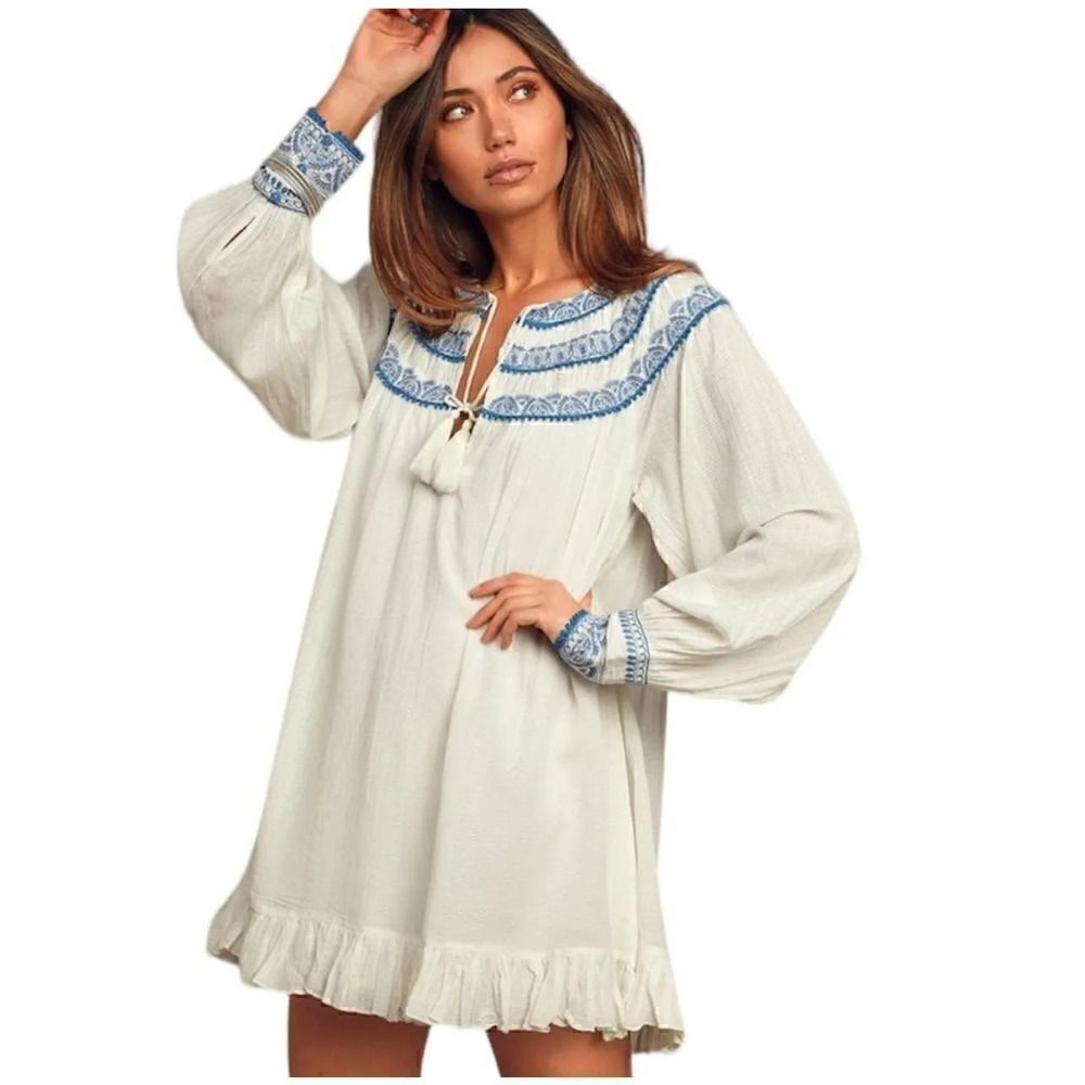 Free People Women's Erin Ivory Embroidered Long Sleeve Mini Dress Size XS
